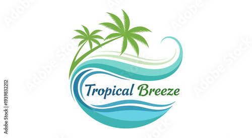 Tropical Breeze Logo Design with Palm Trees and Ocean Waves.