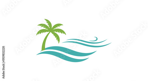 Stylized palm tree and ocean waves illustration.