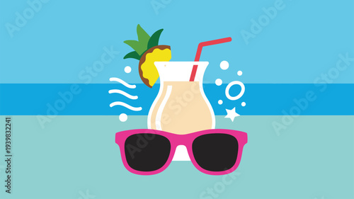 Summer tropical drink with pineapple and pink sunglasses on beach