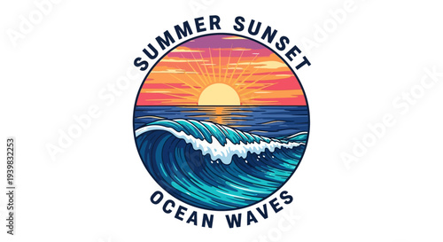 Vibrant Summer Sunset over Ocean Waves Illustration.