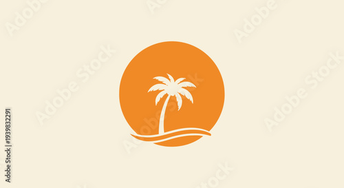 Simple orange logo with white palm tree on a beach.