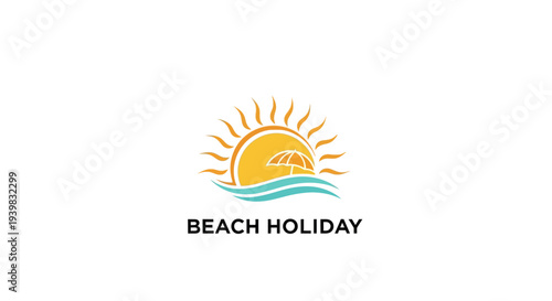 Beach Holiday Logo Design with Sun and Waves.