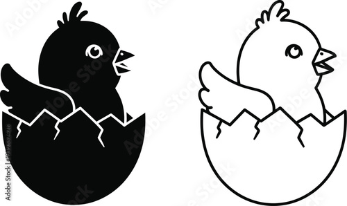 Black and white chickens emerging from eggs isolated on transparent background, Vector