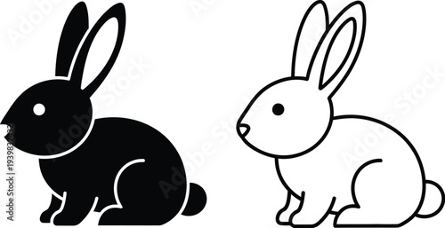 Black and white rabbits facing each other isolated on transparent background, Vector