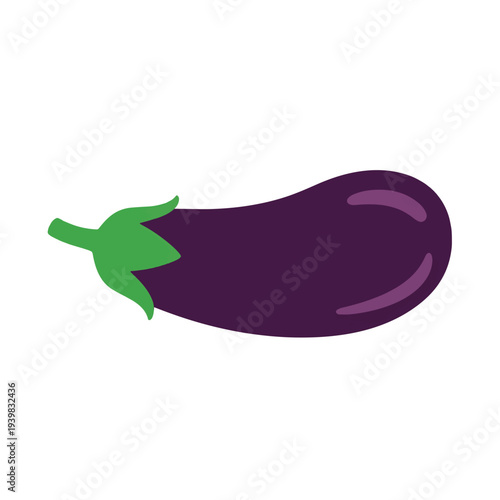 A stylized illustration of a single dark purple eggplant with a green stem and calyx, isolated on a white background. It's a simple, flat design.