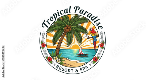 Tropical Paradise Resort and Spa Logo with Palm Tree and Beach Scene.
