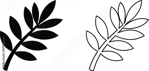 Black and white leaf branches isolated on transparent background, Vector