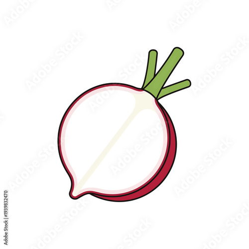A flat illustration of a radish cut in half, displaying its white interior, red skin, and green stem, on a white background.