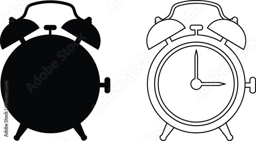 Black and white alarm clocks isolated on transparent background, Vector