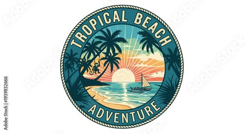 Tropical Beach Adventure Logo Design with Palm Trees and Sunset.