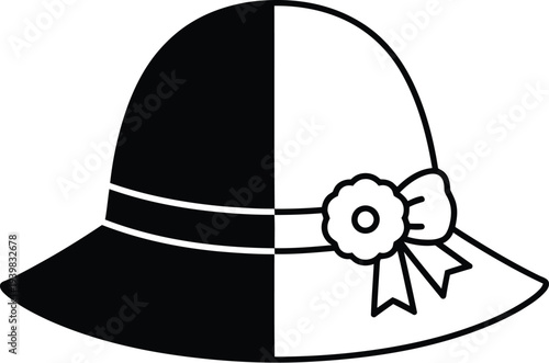 Black and white bowler hat with flower decoration isolated on transparent background, Vector