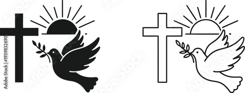 Black and white dove with cross and sun isolated on transparent background, Vector