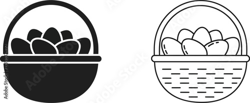 Black and white illustration of eggs in baskets isolated on transparent background, Vector