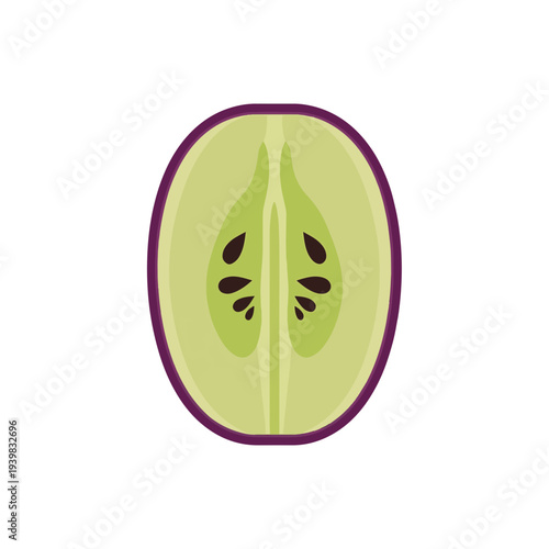 A vibrant illustration of an oval fruit cut in half, displaying light green pulp with small black seeds and a deep purple skin, against a white background.
