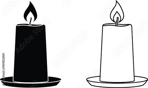 Black and white candles with flames on plates isolated on transparent background, Vector
