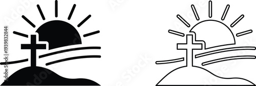 Cross on hill at sunrise isolated on transparent background, Vector