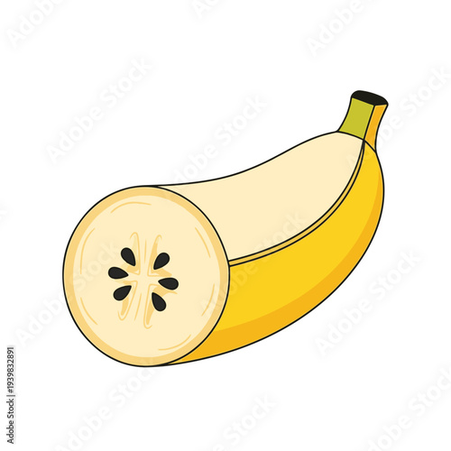 A yellow banana, cut across its width, reveals its pale flesh and a cross-section with distinct black seeds arranged in a star-like pattern.