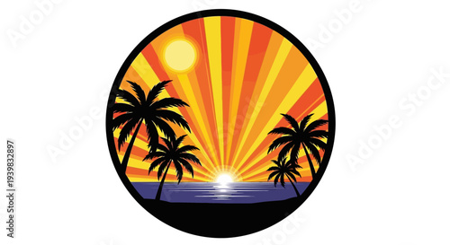 Tropical Sunset Beach Scene with Palm Trees and Vibrant Colors.