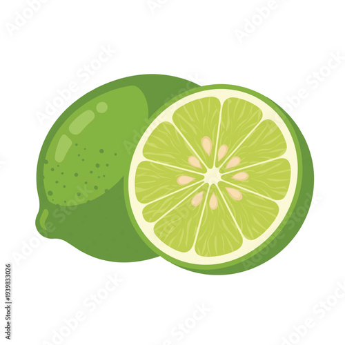 Two bright green limes, one whole and one sliced in half revealing its juicy, segmented interior with seeds.