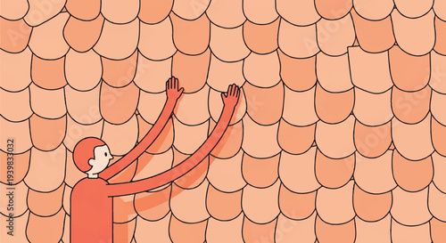 Stylized illustration of a person with exaggerated long arms reaching upwards to touch a textured wall of overlapping peach scales, symbolizing ambition and effort.