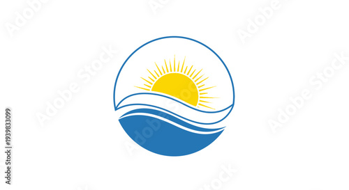 Stylized logo featuring sun rising over ocean waves in blue and yellow.