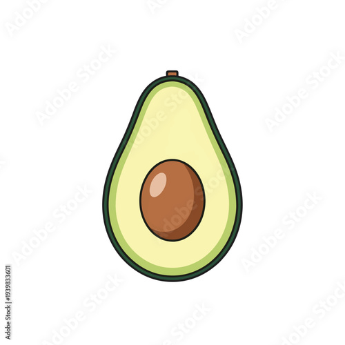 A simple cartoon illustration of a single avocado half, featuring light green skin, pale yellow-green flesh, and a round brown pit on a white background.