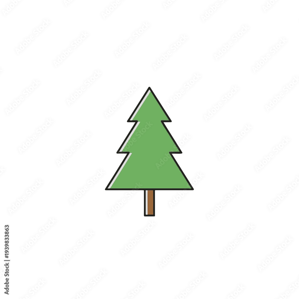 Obraz premium A simple, cartoon-style illustration of a green pine tree with a brown trunk, set against a plain white background. It features a minimalist and clean aesthetic.