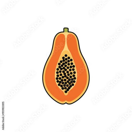 A simple flat illustration of a ripe papaya fruit cut in half lengthwise, revealing its vibrant orange flesh and numerous black seeds against a white background.