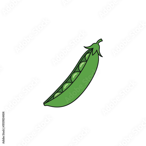 A cartoon illustration of a green pea pod, slightly open, revealing round green peas inside against a white background.