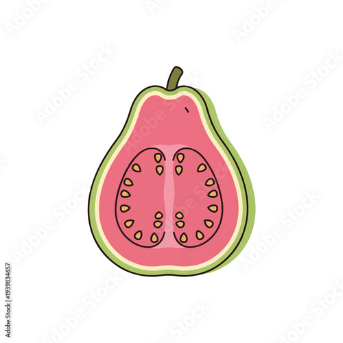 A vibrant, stylized illustration of a halved guava, showcasing its pink flesh, seeds, and green skin.