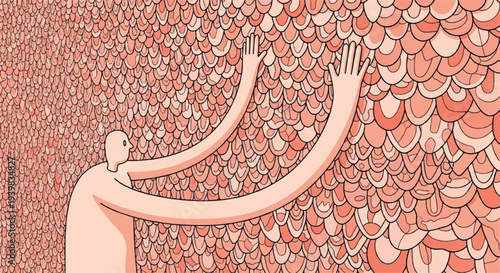 Stylized illustration of a minimalist figure with long arms touching an intricate, overwhelming wall of red-orange, scale-like patterns, depicting immersion.
