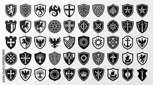 Collection of black and white heraldic shields with various symbols and designs.