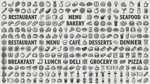 Collection of Food and Dining Icons in Black and White.