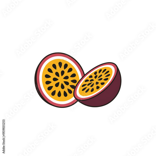 A stylized illustration of a passion fruit, cut in half, revealing its vibrant yellow pulp and black seeds.
