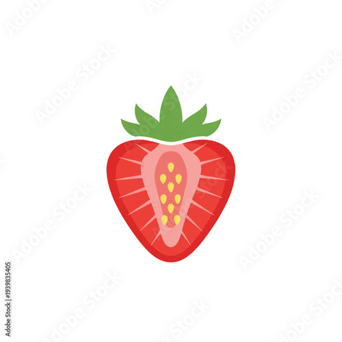 A vibrant, stylized illustration of a strawberry cut in half, revealing its juicy red flesh and seeds against a clean white background.