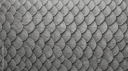 Grey scale pattern of overlapping fish scales texture background.