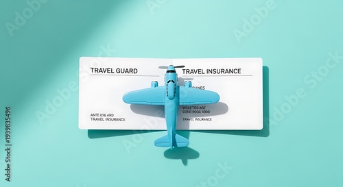 Travel insurance documents with airplane and globe on turquoise background