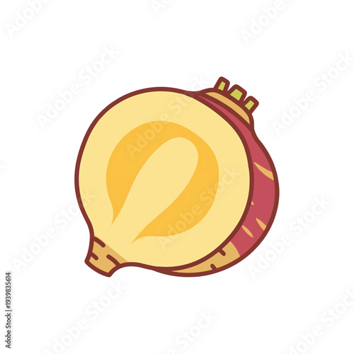 A stylized illustration of a turnip, cut in half to reveal its pale yellow flesh and distinct purple and white outer skin.