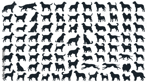 Collection of various dog breeds silhouettes in different poses.