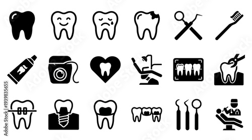 Dental care icons set with various tooth and dentist symbols.