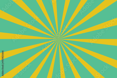 Vibrant yellow and teal sunburst pattern radiates from the center creating an energetic dynamic design