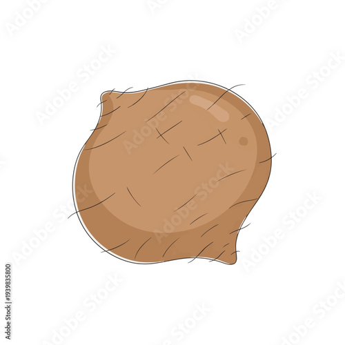 Cartoon illustration of a light brown, oval-shaped root vegetable with fibrous texture, possibly taro or a corm, isolated on a white background.