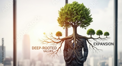Executive with 3D tree head depicting deep rooted corporate values and expansion