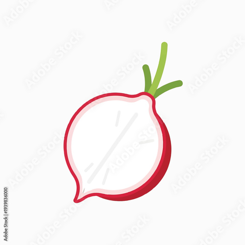 A simple, flat design illustration of a red radish cut in half, revealing its white flesh and a green stem on a white background.