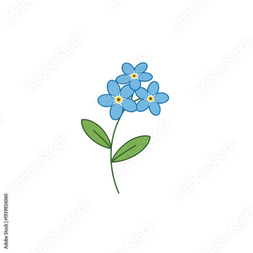 A vector illustration of a small bunch of blue forget-me-not flowers with yellow centers and green leaves on a white background.