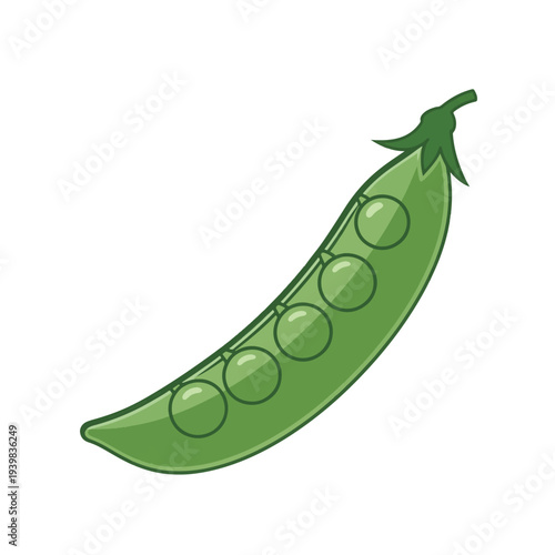 An illustration of a vibrant green pea pod, partially open to reveal five round green peas nestled inside. Isolated on a white background.