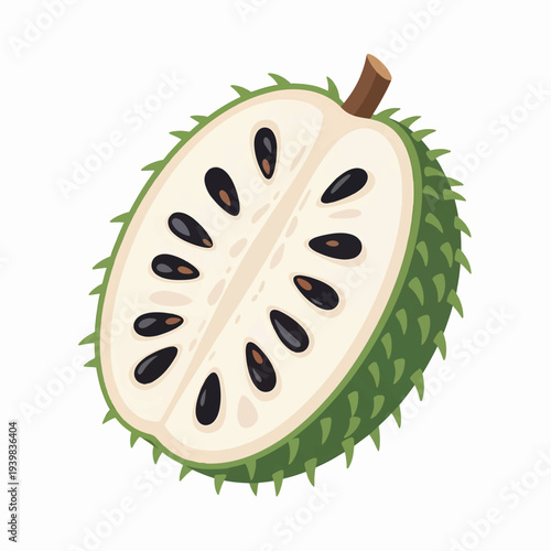 Illustration of a soursop fruit cut in half, showing its spiky green skin, creamy white flesh, and numerous black seeds. A small brown stem is visible.