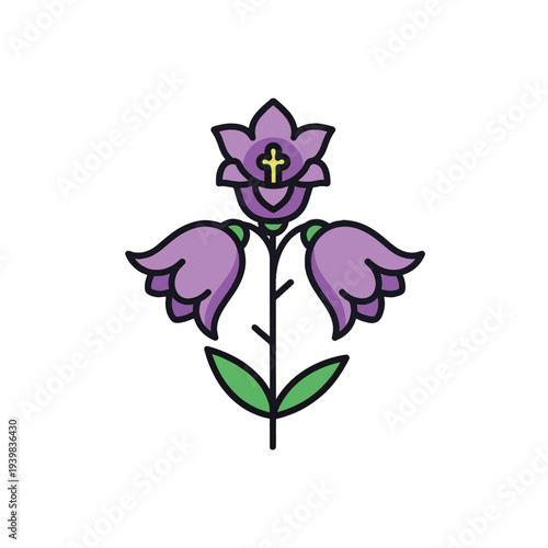 Stylized purple bellflower plant with three blooms and green leaves. The top flower features a small golden cross symbol, outlined in black on a white background.