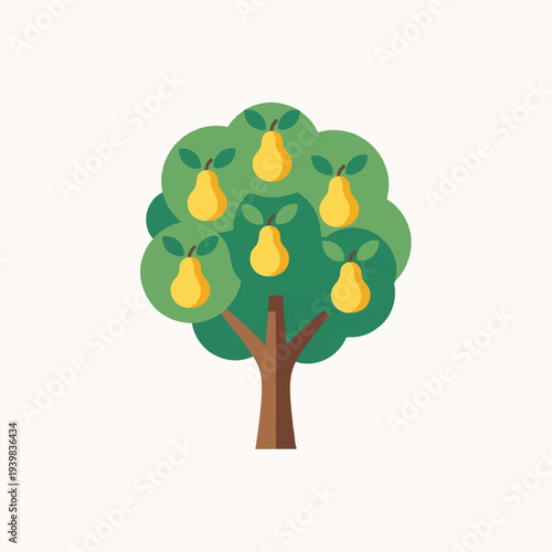 A stylized flat design illustration of a pear tree with a brown trunk and a lush green canopy, bearing six ripe yellow pears with small leaves, against a white background.