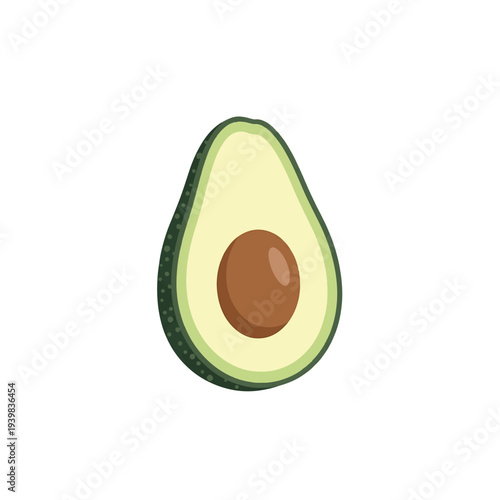 A cartoon illustration of a halved avocado with its seed, featuring light green flesh and a dark green skin texture, set against a white background.